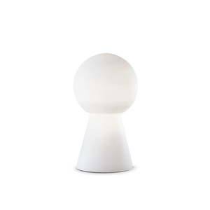 Lampada da tavolo o da terra con base in metallo cromato e diffusore in vetro soffiato bianco e acidato o fumè.