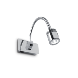 Montatura e braccio flessibile in metallo con finitura disponibile in cromo, nickel e brunito. Diffusore orientabile a piacere. Dotato di interruttore sulla base.