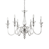 Lampadario in vetro, trasparente o bianco, soffiato e lavorato a mano. Montatura e dettagli in metallo rifinito in cromo.