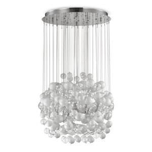 Elementi decorativi con bolle di vetro soffiato. Disponibile con bolle trasparenti e bianche o trasparenti e cromo.