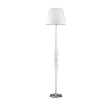 Base e struttura centrale in metallo cromato. Elementi decorativi in vetro soffiato e lavorato a mano. Paralume in lamina di PVC, rivestita in tessuto.