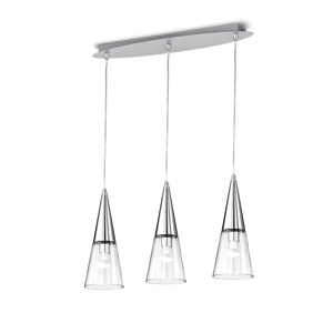 Montatura e copri porta lampade in metallo cromato o bianco satinato. Diffusore in vetro soffiato a mano. Disponibile in bianco con vetro trasparente e fascia sabbiata, o in cromo con vetro tutto trasparente.