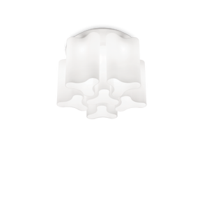 Montatura in metallo verniciato bianco opaco. Elementi diffusori in vetro soffiato bianco incamiciato e acidato o trasparente fumè.