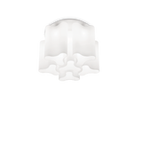 Montatura in metallo verniciato bianco opaco. Elementi diffusori in vetro soffiato bianco incamiciato e acidato o trasparente fumè.