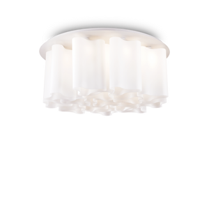 Montatura in metallo verniciato bianco opaco. Elementi diffusori in vetro soffiato bianco incamiciato e acidato o trasparente fumè.