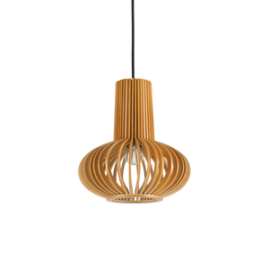 Rosone in legno naturale. Corpo luce con elementi in multistrato di legno verniciato. Cavo in tessuto nero.