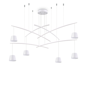 Rosone, asta e diffusore in metallo verniciato opaco. Cavo in acciaio con supporto in metallo cromato. Led integrato con schermo opale.