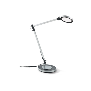Braccio in alluminio e plastica, snodato con cavo a vista in pvc. Diffusore orientabile a led e interruttore incorporato. Spina con alimentatore.