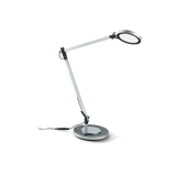 Braccio in alluminio e plastica, snodato con cavo a vista in pvc. Diffusore orientabile a led e interruttore incorporato. Spina con alimentatore.