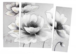 Set 3 Quadri Fiore su Tela Bianco e Grigio 100 x 70 cm - Gicos